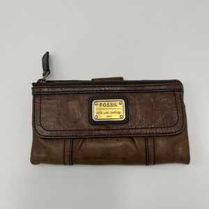 Fossil Long Live Vintage Brown Lamb Leather Bifold Wallet Zipper Pockets